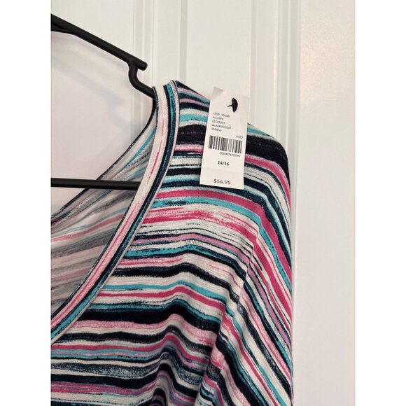 Lane Bryant Top 14/16 Surplice V-Neck Belted Pink Blue Striped NWT - Picture 4 of 5